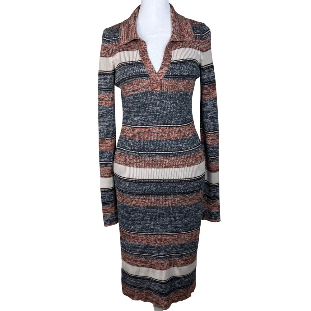 Prana Acadia Sweater Dress Ribbed Striped Collared Organic Cotton Knit Midi XS‎